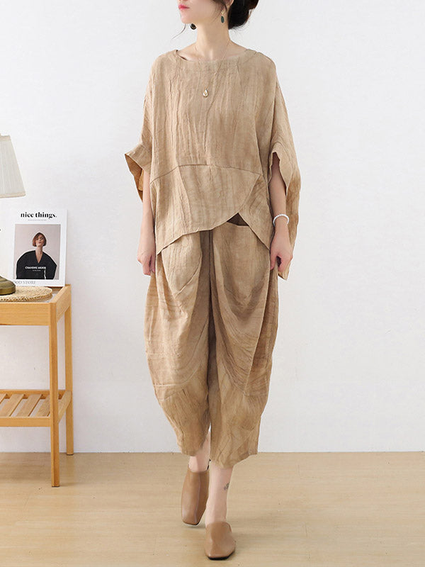 Vintage Linen Loose Split-Joint Round-Neck Batwing Sleeves T-Shirt+Elasticity Wide Leg Pants 2 Pieces Set