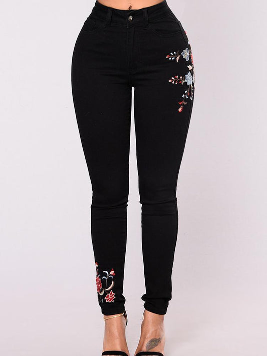 Black Elastic Embroidered Pencil Jean Pants Bottoms