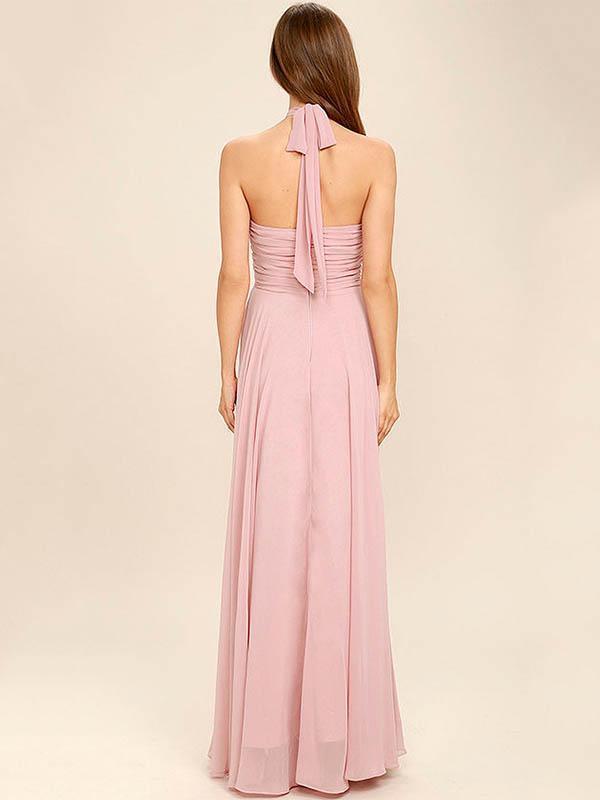 Halterneck Waisted Backless Ruffled Evening Dress