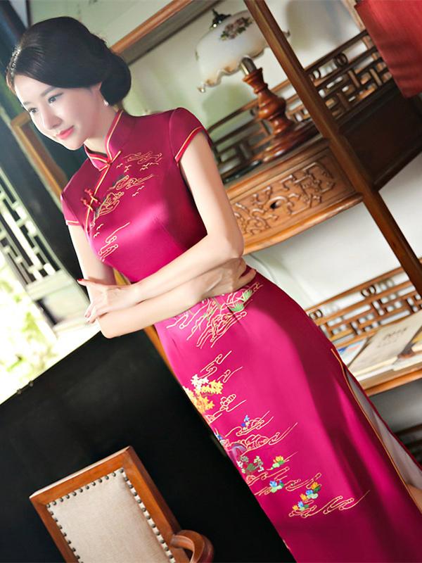 Burgundy Printed Stand-collar Long Cheongsam