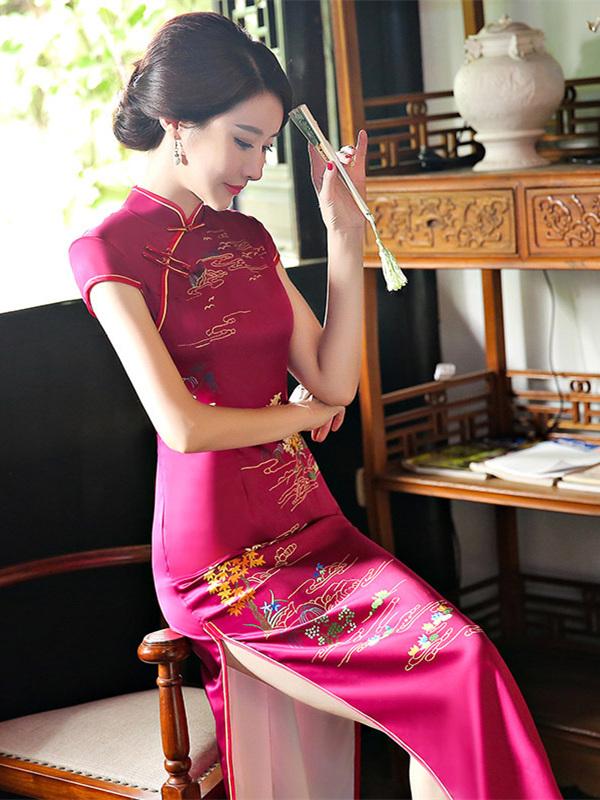 Burgundy Printed Stand-collar Long Cheongsam