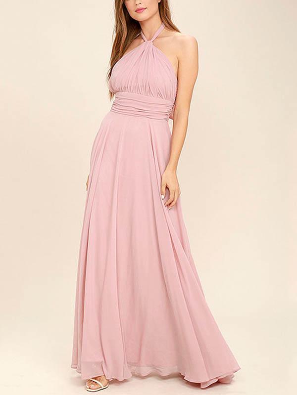 Halterneck Waisted Backless Ruffled Evening Dress