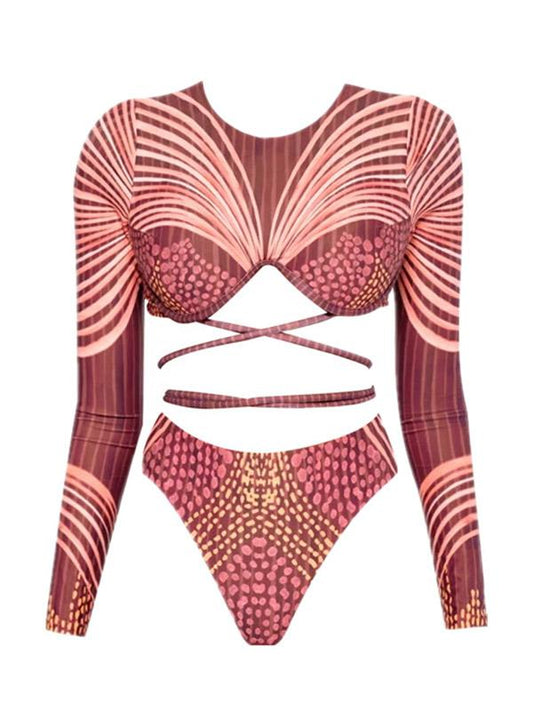 Sexy Bandage Split-Joint Long Sleeves Bikini Swimsuit