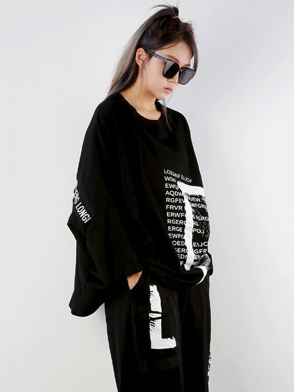 Casual Long Sleeves Loose Letter Print Round-Neck T-Shirts Tops