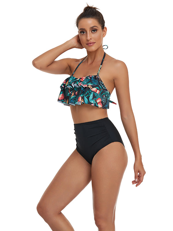 Floral Printed Falbala High-Waisted Bikini Swimwear