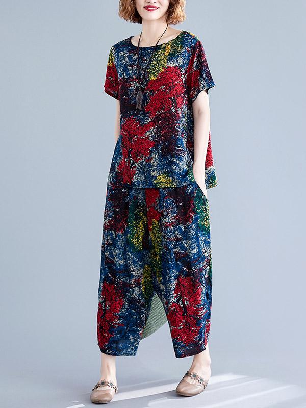 Loose Printed T-Shirt + Harem Pants Suit