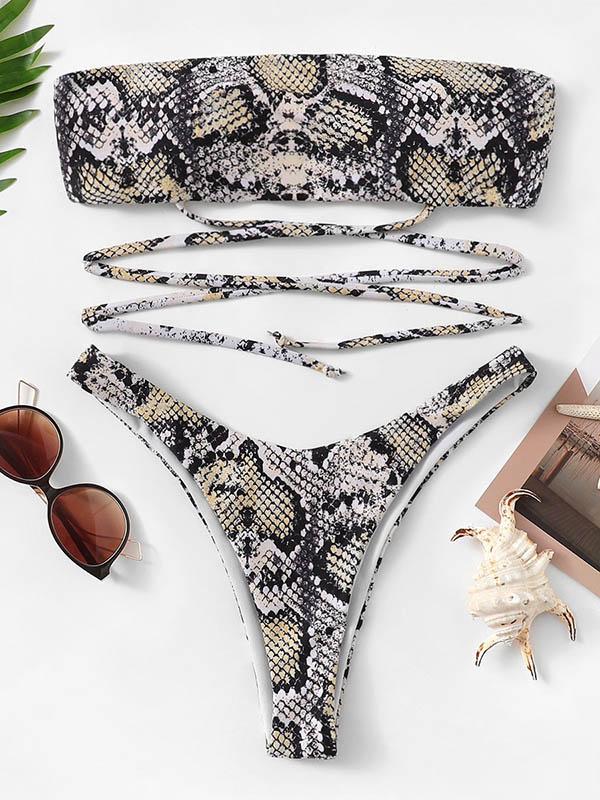 Sexy Strapless Bandage Snake Pattern Split Bikini Swimsuit