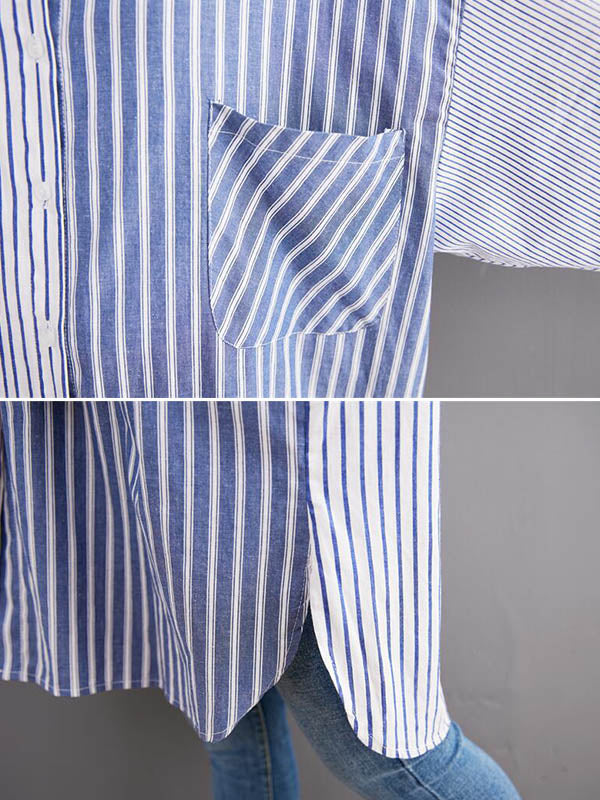 Artistic Retro Loose Striped Split-Joint With Pocket Buttoned Split-Side High-Low Lapel Collar Long Sleeves Blouse