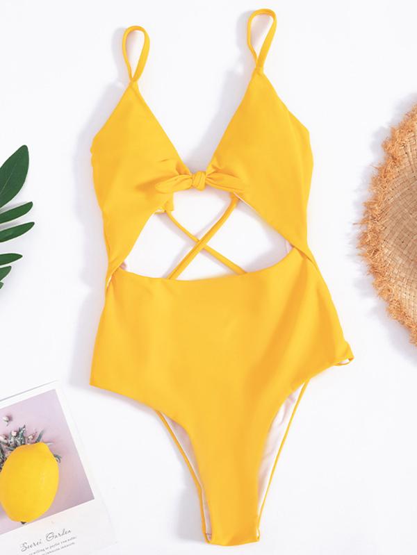 Solid Color Knotted Split One-Piece Swimsuit