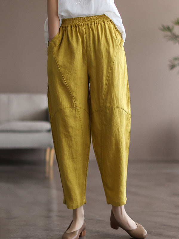 Simple Linen Solid Color Split-Joint Harem Pants