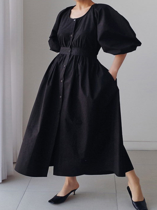 Original Solid Color Pleated Buttoned Round-Neck Bishop Sleeves Midi Dress