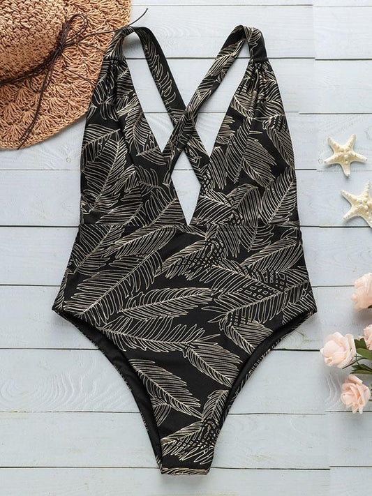 Leaf Pattern Deep V-neck One-piece Swimwear