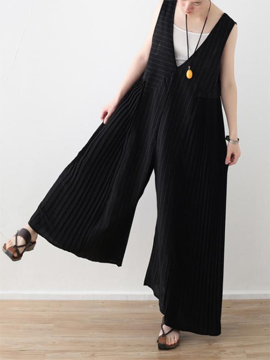 Black Striped Split-joint Ruffled Sleeveless Jumpsuits