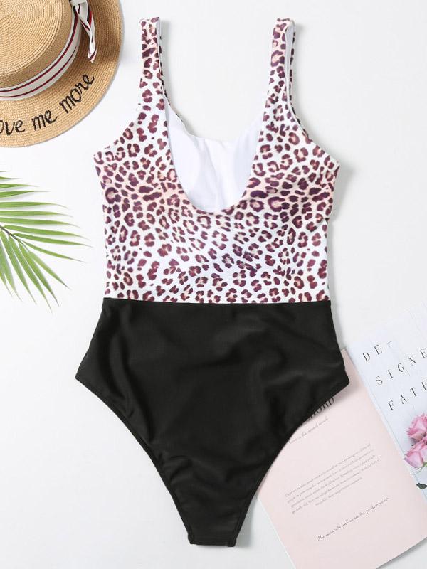 Leopard-Print Split-Joint One-Piece Swimwear