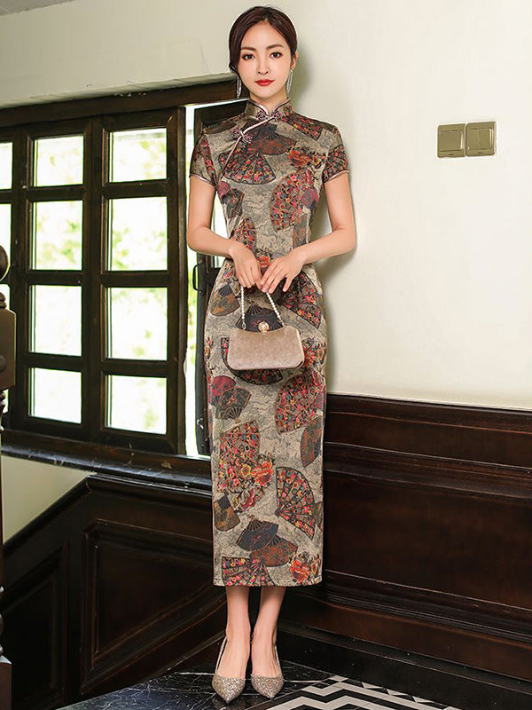 Vintage Satin Printed Split-Side Short Sleeve Long Cheongsams