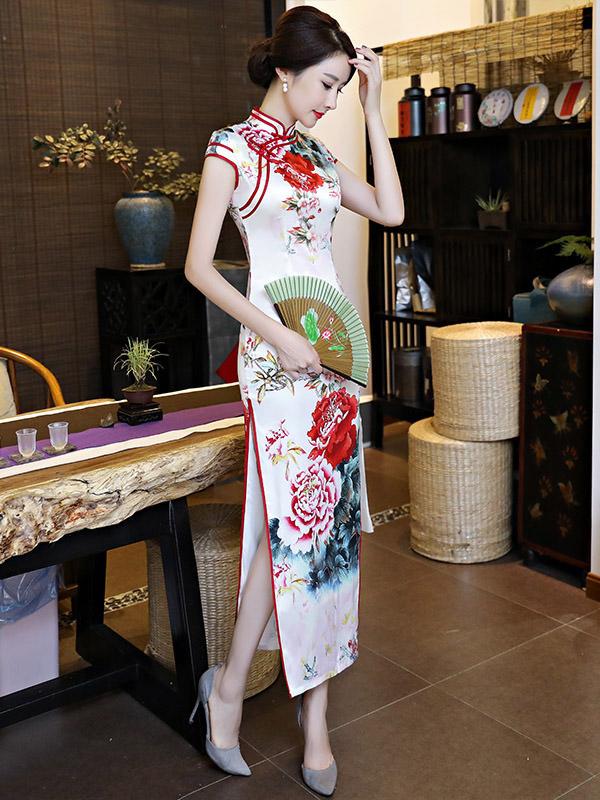 Elegant White Peony Print Long Cheongsam Dress