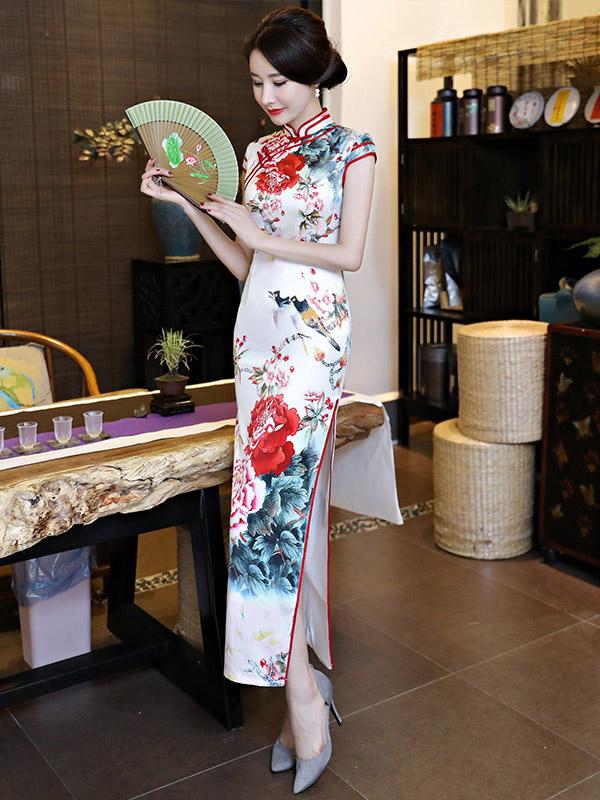 Elegant White Peony Print Long Cheongsam Dress