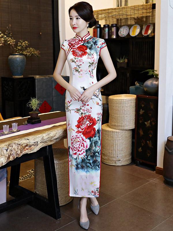 Elegant White Peony Print Long Cheongsam Dress