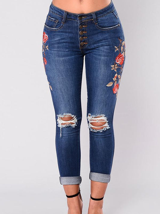 Pretty Elastic Embroidered Ripped Jean Pants Bottoms