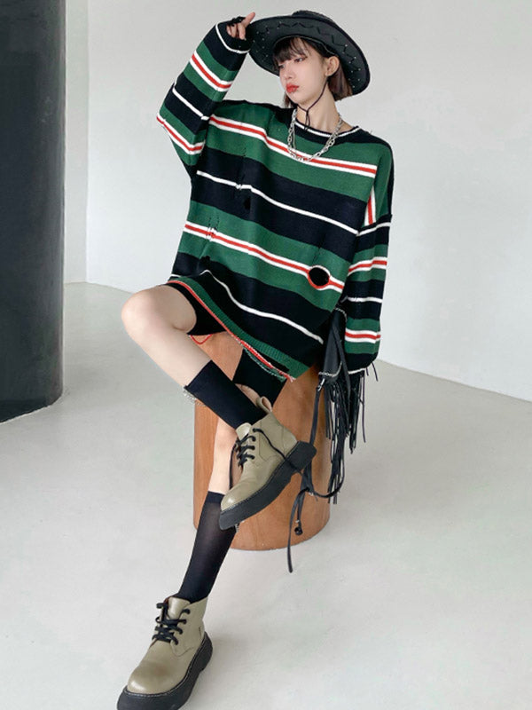 Original Stylish Loose Striped Hole Round-Neck Long Sleeves Knitted Sweater Tops