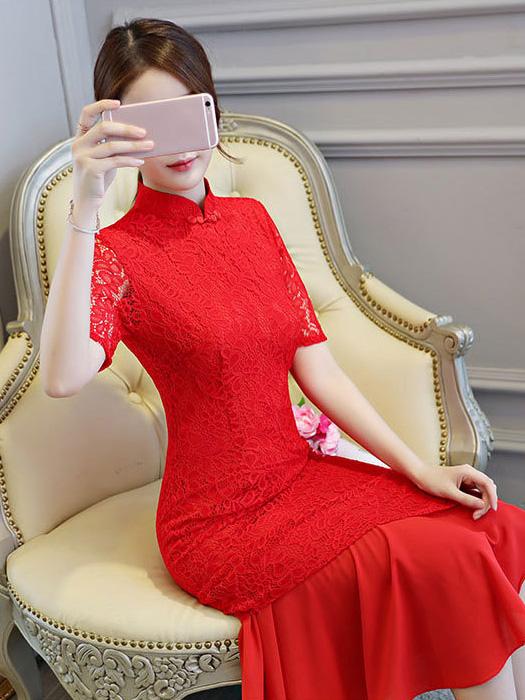 Red Lace Mermaid Stand-collar Long Cheongsam