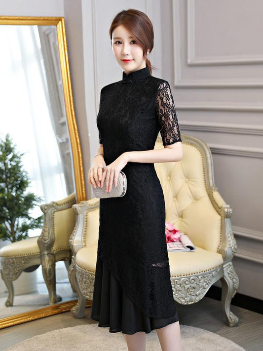 Black Lace Mermaid Stand-collar Long Cheongsam