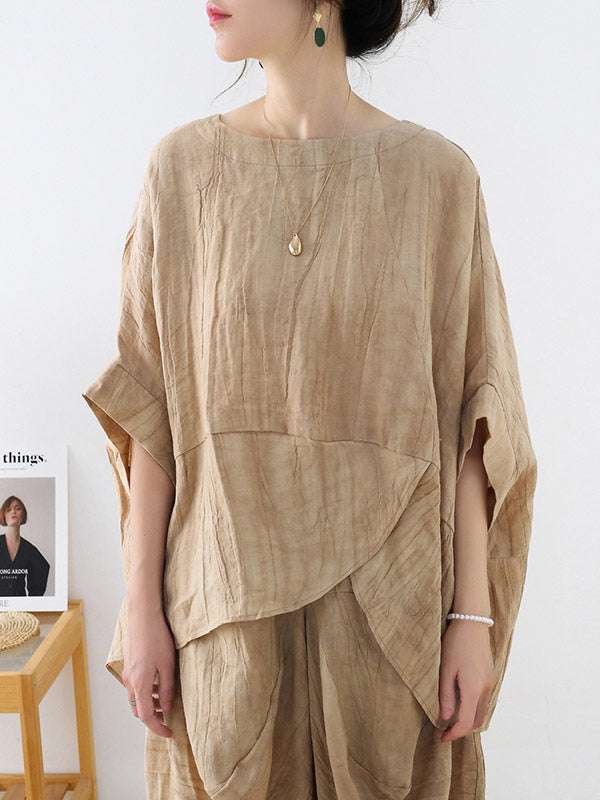 Vintage Linen Loose Split-Joint Round-Neck Batwing Sleeves T-Shirt+Elasticity Wide Leg Pants 2 Pieces Set