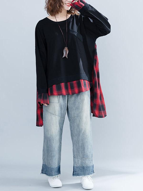 Loose Oversize Split-joint Plaid Sweatshirt