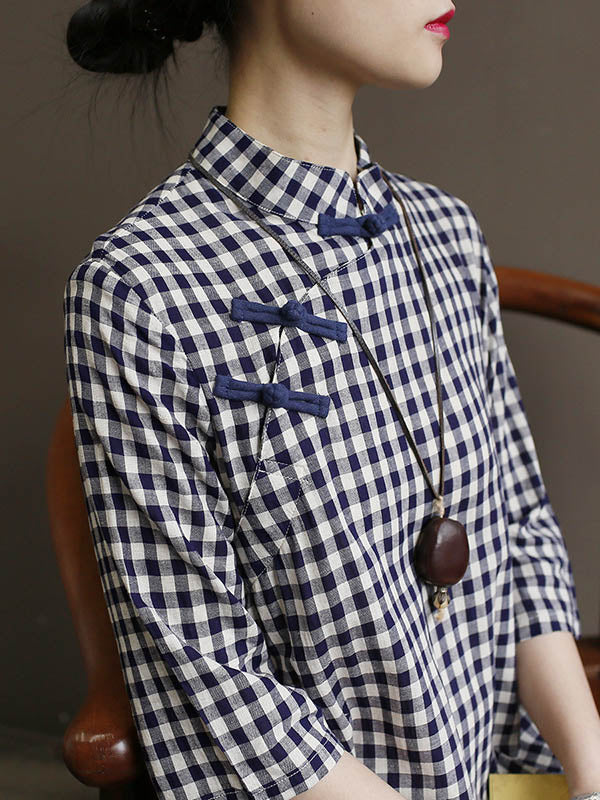 Original Plaid Half Sleeve Stand Collar Long Cheongsams