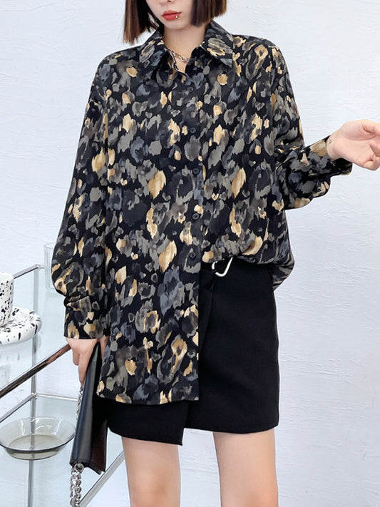 Original Stylish Loose Irregular Split-Joint Buttoned Floral Printed Lapel Collar Long Sleeves Blouse