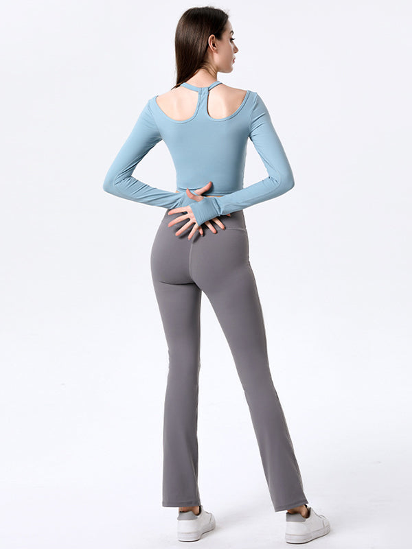 Wrap Hollow Long Sleeves Tees&Flared Leggings Suits