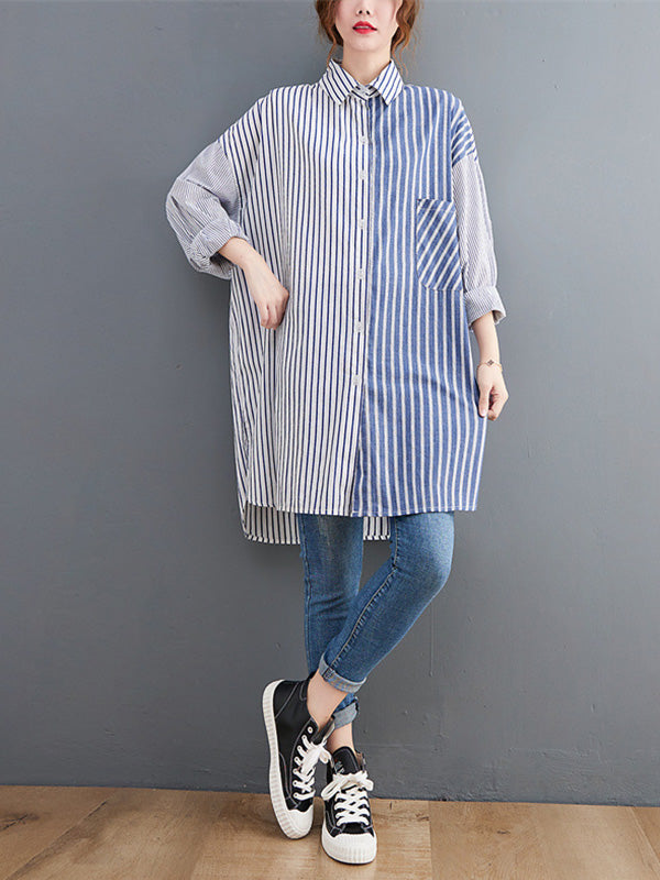 Artistic Retro Loose Striped Split-Joint With Pocket Buttoned Split-Side High-Low Lapel Collar Long Sleeves Blouse