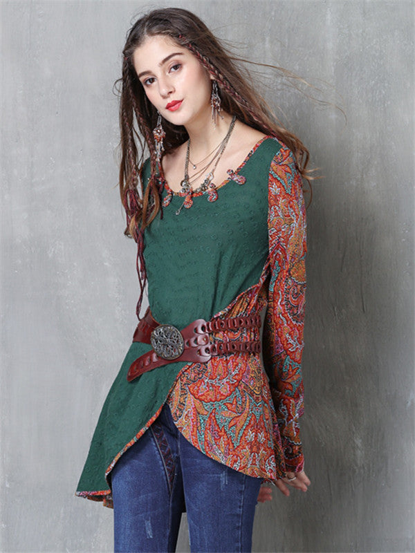 Bohemian New Cotton Linen O-Neck Long Sleeve Floral Print Vintage Blouse