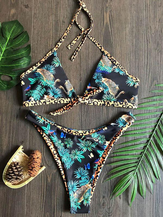 Sexy V-Neck Bandage Printing Bikini Split Type Swimsuit