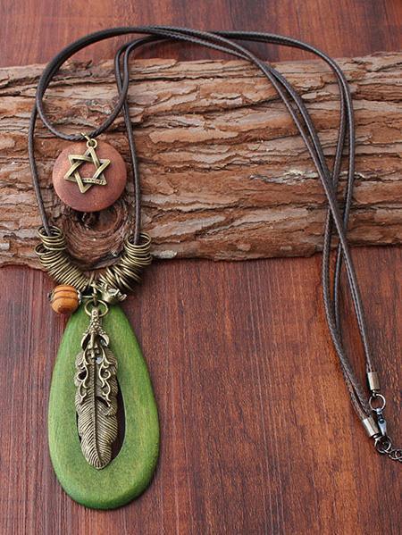 Natural Green Stone Metal Feather Star Combo Necklaces