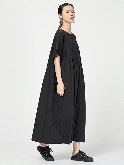 Ramie Loose Solid Round-neck Long Dress