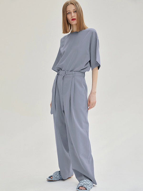 Casual Solid Color Zipper Buttoned Round-Neck Half Sleeves T-Shirt+Tied Wide Leg Pants 2 Pieces Set