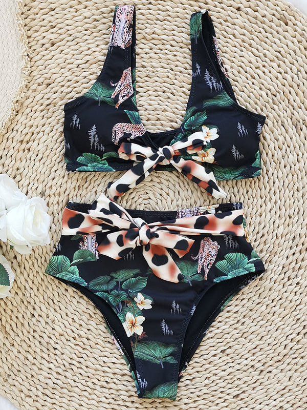 High Waisted Leopard Flower Print Bikini Swimsuit