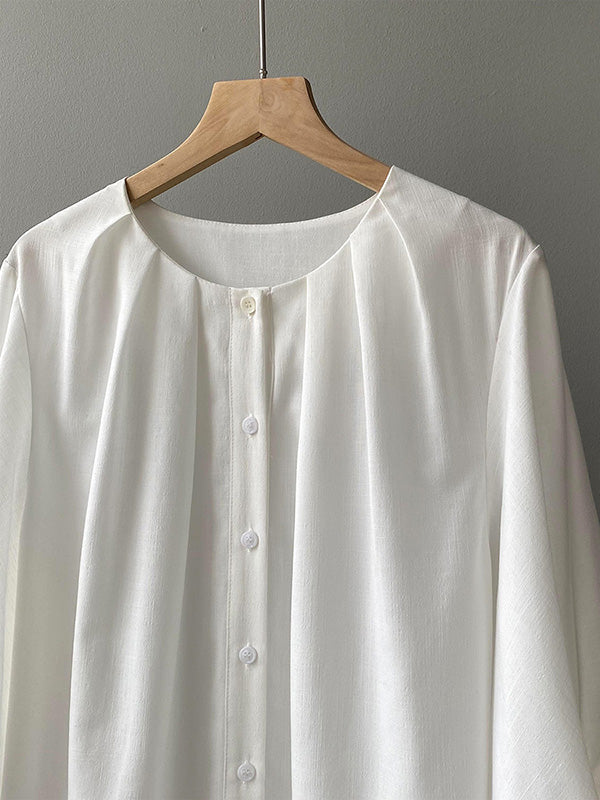 Casual Solid Color Pleated Buttoned Round-Neck Puff Sleeves Blouse