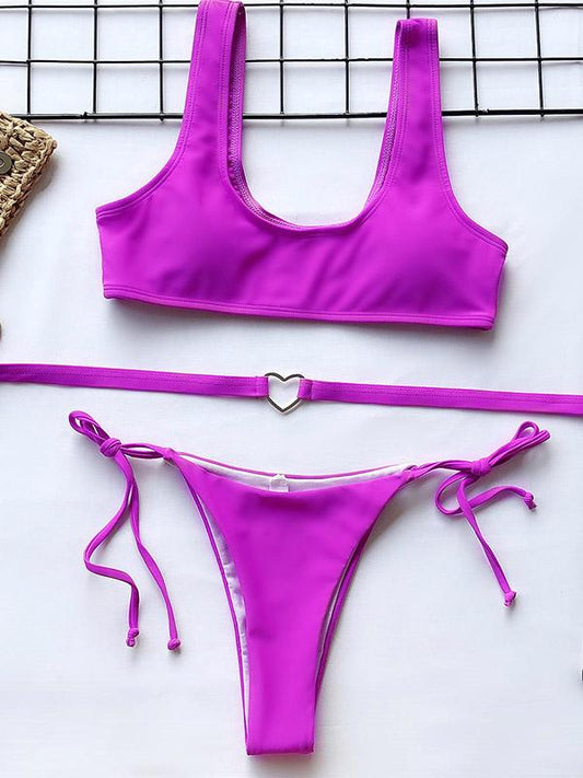 Plain Love Belt Split Bikini Swimsuit