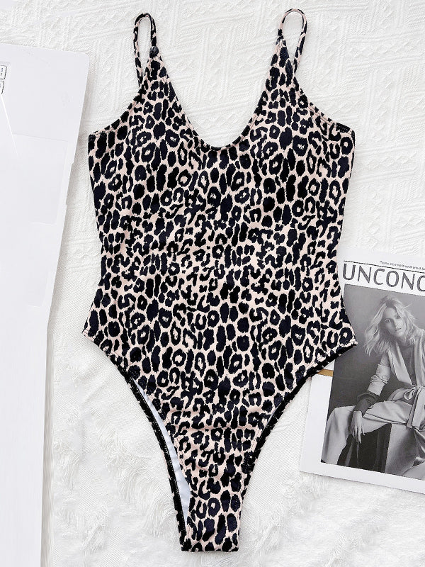 Tied Spaghetti-Neck Leopard One-Piece Swimsuit