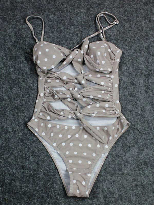 Spotted&Plain Bow-embellished One-piece Swimsuit