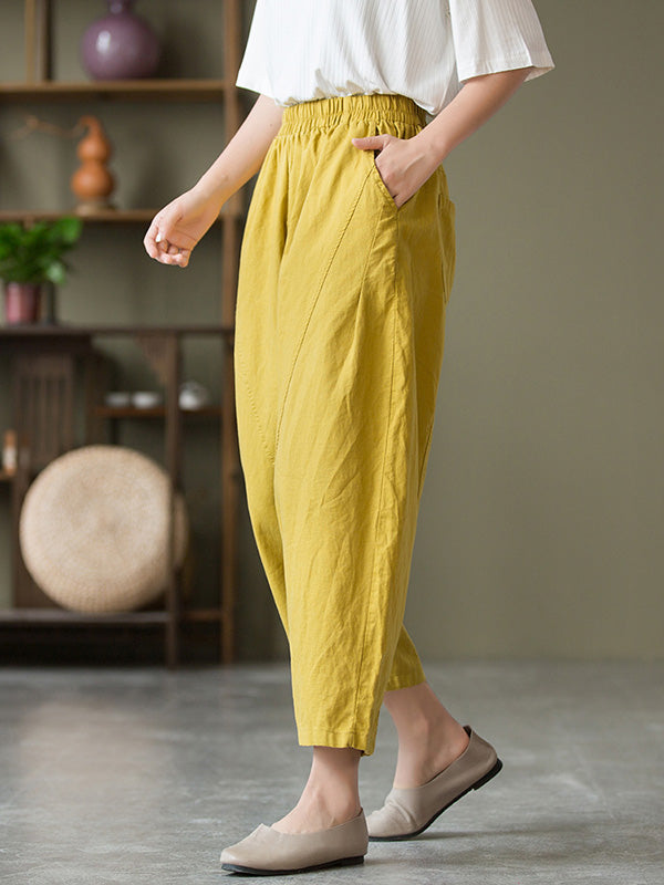 Simple Loose Linen Solid Color Split-Joint Pleated Drawstring Casual Pants