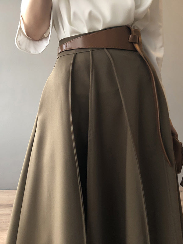 Simple Loose Solid Color Pleated A-Line High-Waist Long Skirt