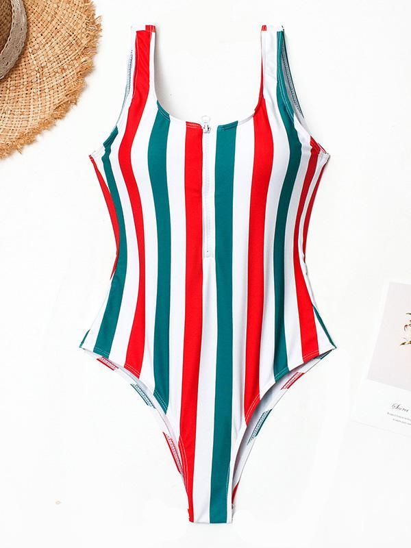 Striped Zipper Backless One-piece Swimwear