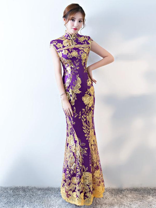 Formal Lace Embroidered Mermaid Cheongsam Evening Dress