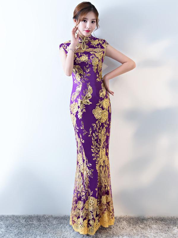 Formal Lace Embroidered Mermaid Cheongsam Evening Dress