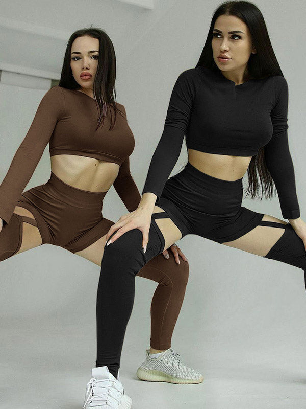 Solid Color Long Sleeves Tees&Cut Out Leggings Suits