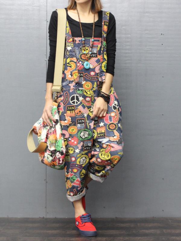 ORIGINAL COLORFUL CARTOON FLORAL PRINTED JUMPSUITS