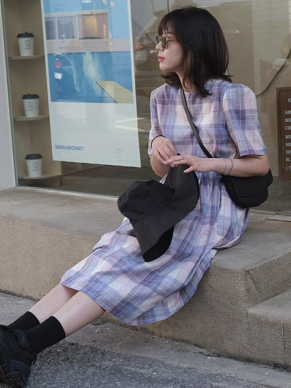 Vintage Plaid Puff Sleeves Dress